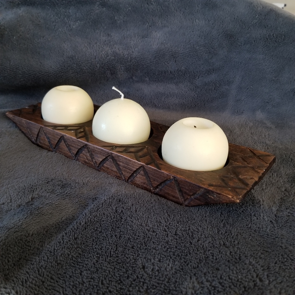 VTG Rustic Hand Carved Wooden Rectangular Candleholder Trinket Holder